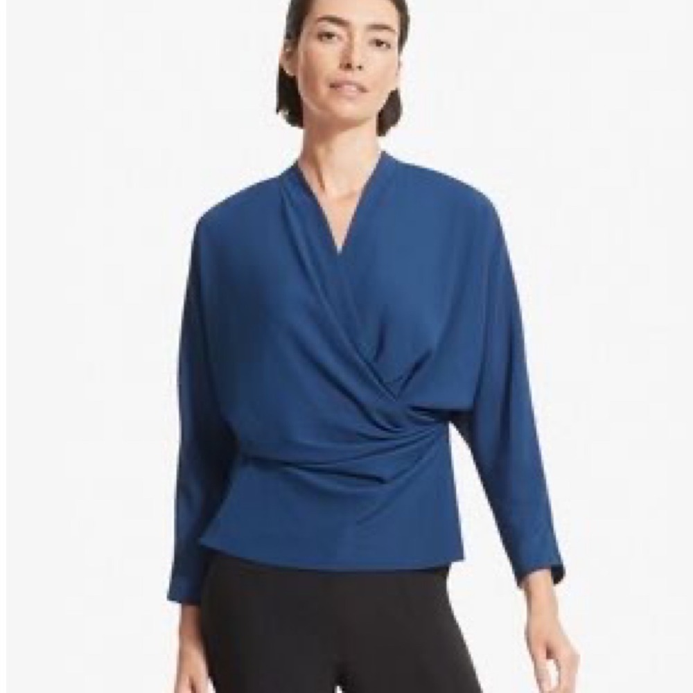 MM.LaFleur Blue Draped Wrap Front Crepe Blouse V-Neck Dolman Sleeve Top +1 1X